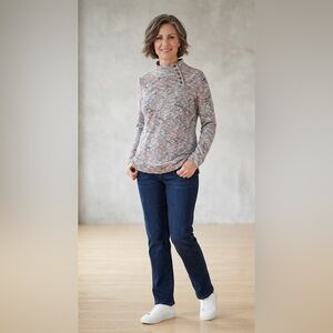 Women’s Christopher & Banks Sweater Marled Gray and Pink Button Neck Size Medium